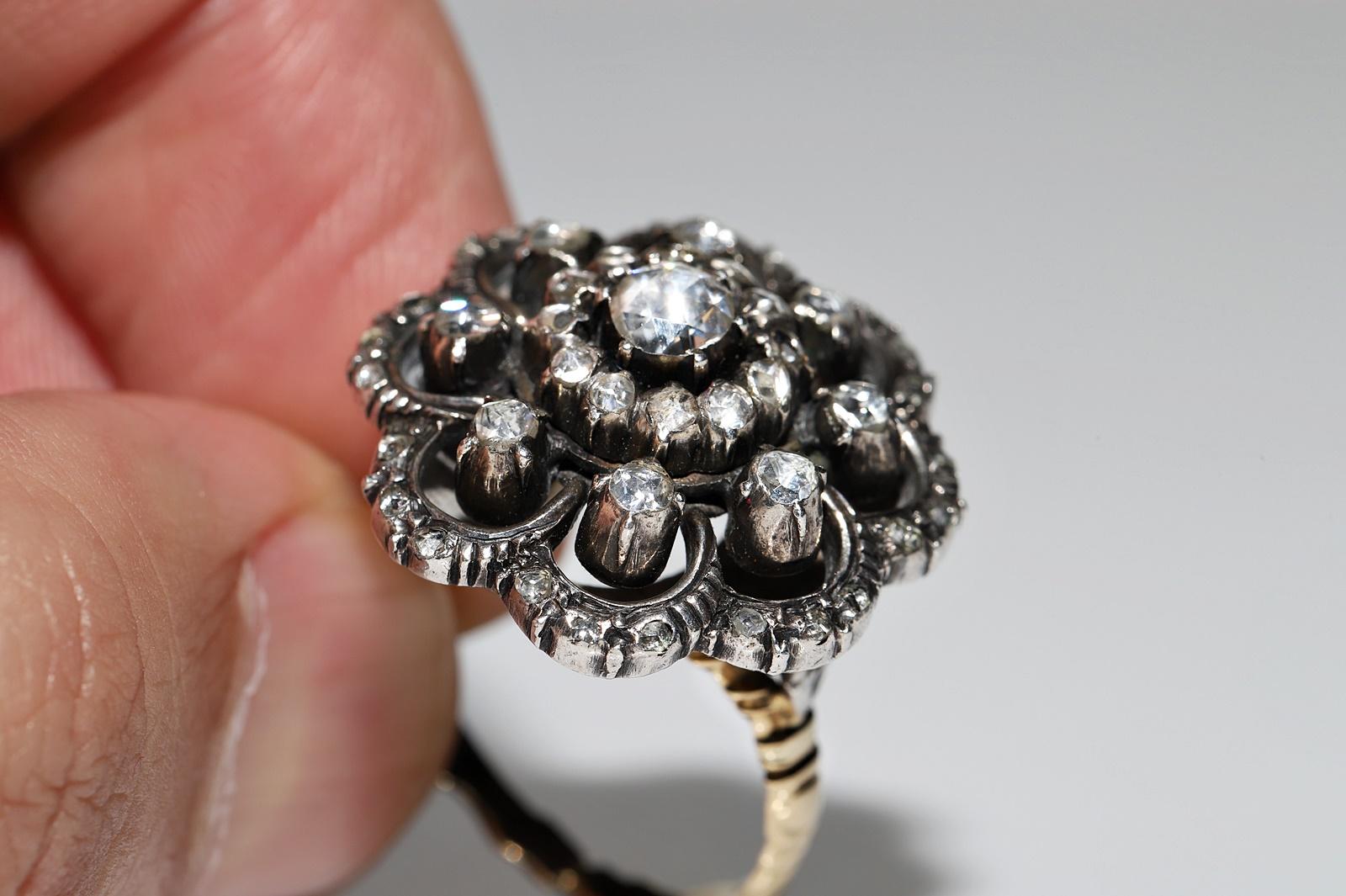 Antique Circa 1900s 14k Gold Top Silver Natural Rose Cut Diamond Cocktail Ring  For Sale 10
