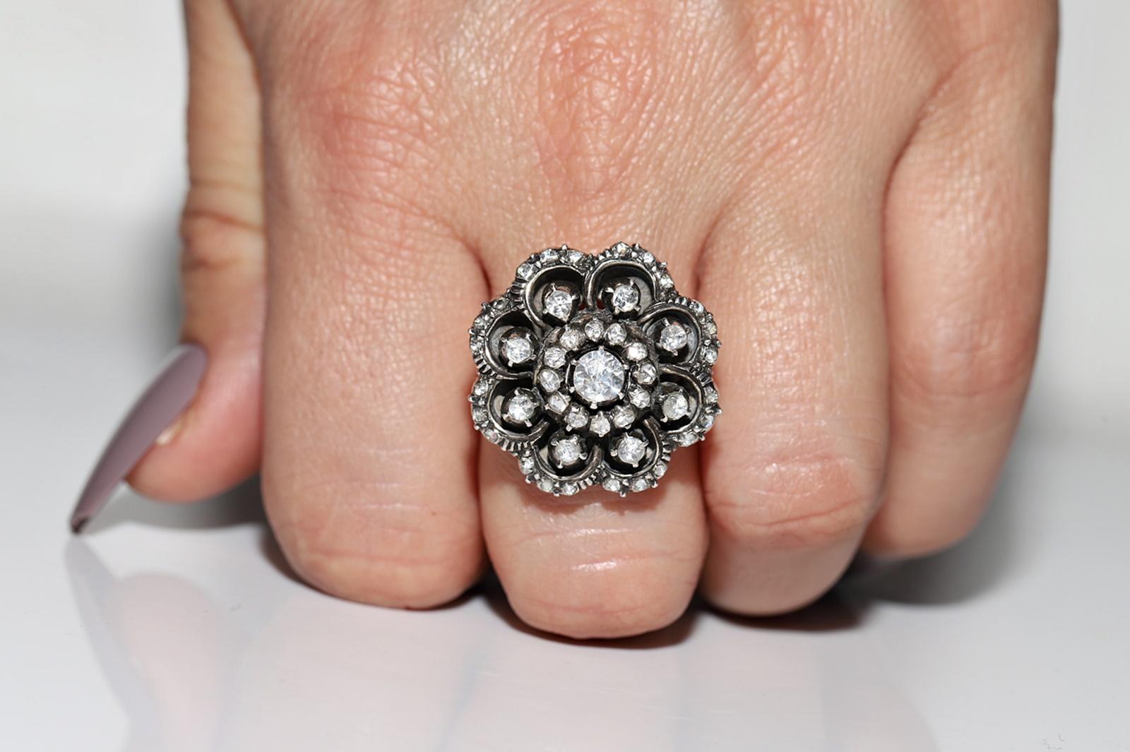 Antiguo anillo de cóctel de diamantes talla rosa natural de oro de 14 quilates de la década de 1900 Corte rosa en venta