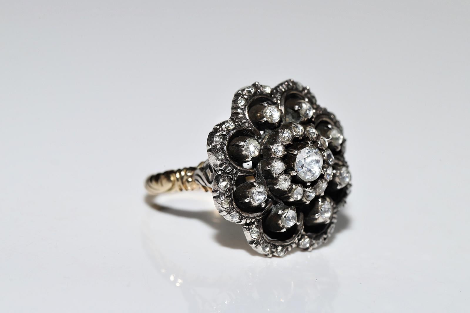 Bague cocktail ancienne datant des années 1900, or 14 carats, argent et diamants naturels taille rose Bon état - En vente à Fatih/İstanbul, 34