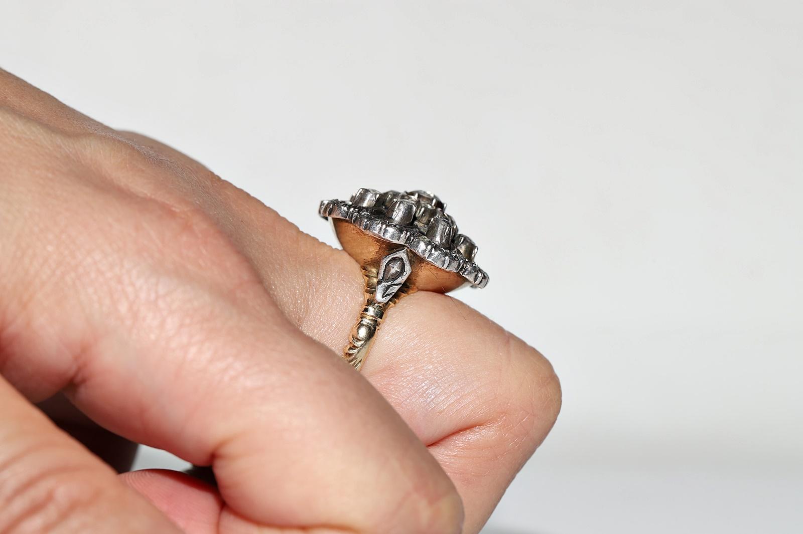 Antique Circa 1900s 14k Gold Top Silver Natural Rose Cut Diamond Cocktail Ring  For Sale 1
