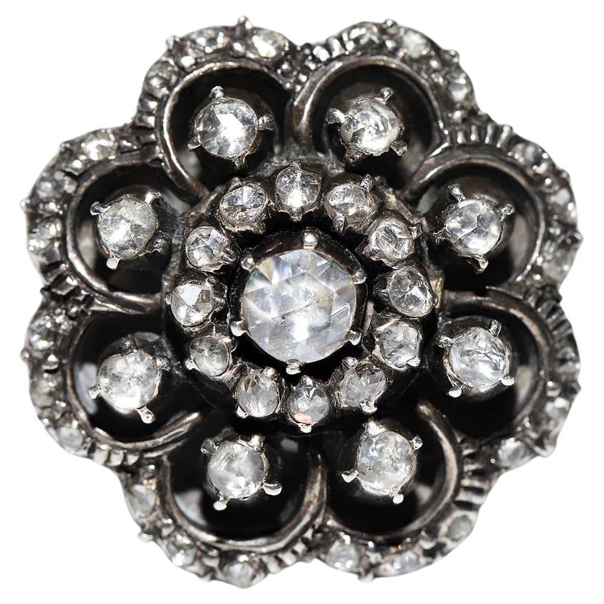 Bague cocktail ancienne datant des années 1900, or 14 carats, argent et diamants naturels taille rose