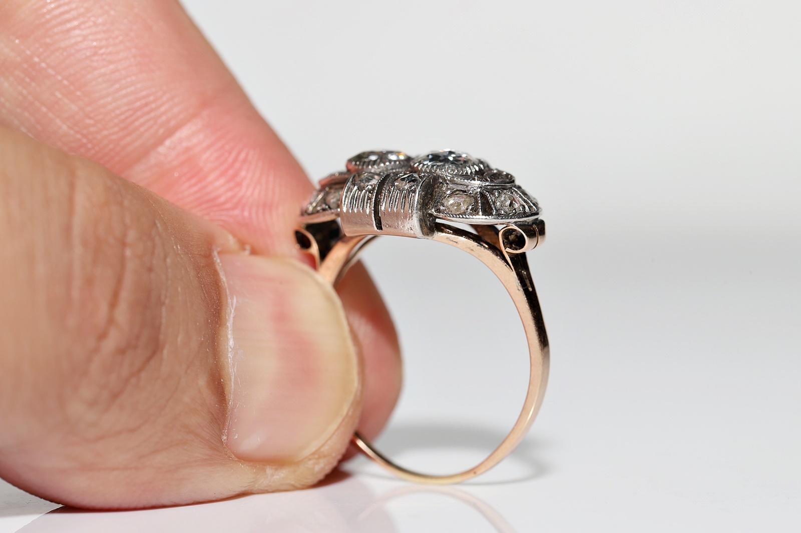 Antique Circa 1900s 14k Gold Top Silver Natural Rose Cut Diamond Decorated Ring For Sale 5