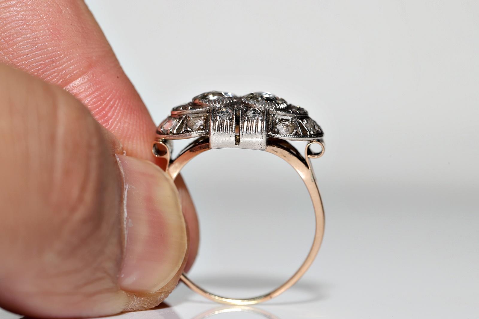 Antique Circa 1900s 14k Gold Top Silver Natural Rose Cut Diamond Decorated Ring For Sale 6
