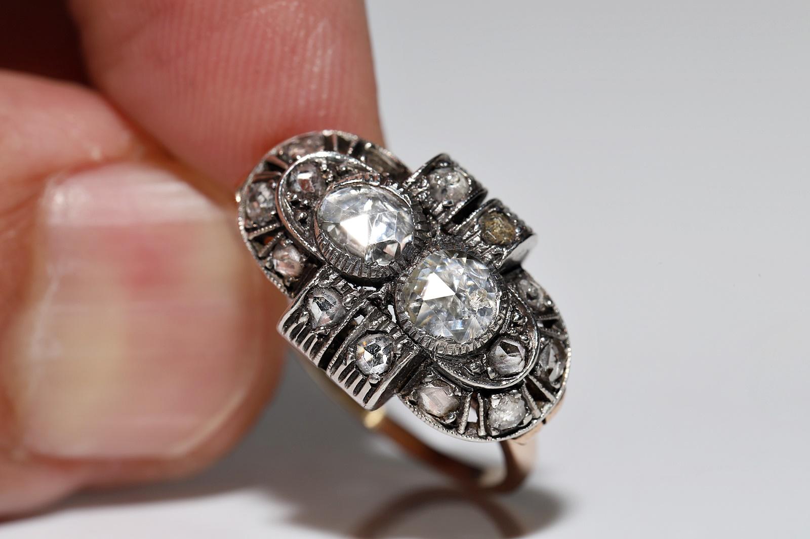 Antique Circa 1900s 14k Gold Top Silver Natural Rose Cut Diamond Decorated Ring For Sale 11