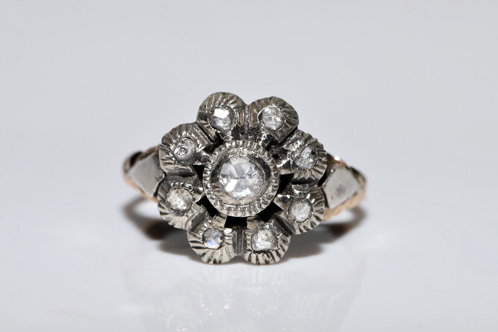 Victorian Antique Circa 1900s 14k Gold Top Silver Natural Rose Cut Diamond Decorated Ring For Sale
