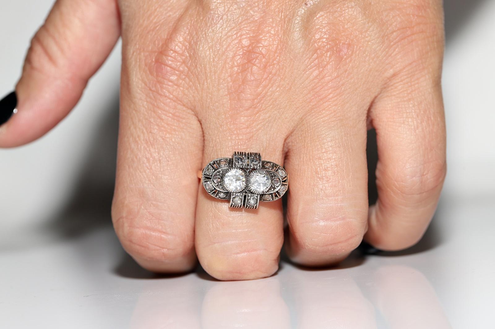 Victorian Antique Circa 1900s 14k Gold Top Silver Natural Rose Cut Diamond Decorated Ring For Sale