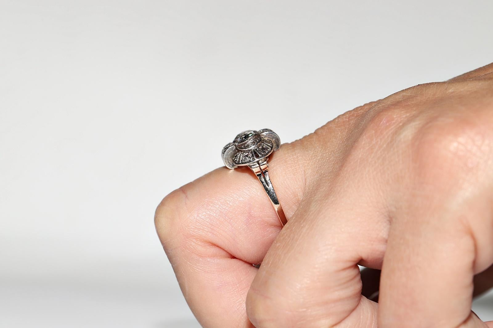 Antique Circa 1900s 14k Gold Top Silver Natural Rose Cut Diamond Decorated Ring In Good Condition For Sale In Fatih/İstanbul, 34
