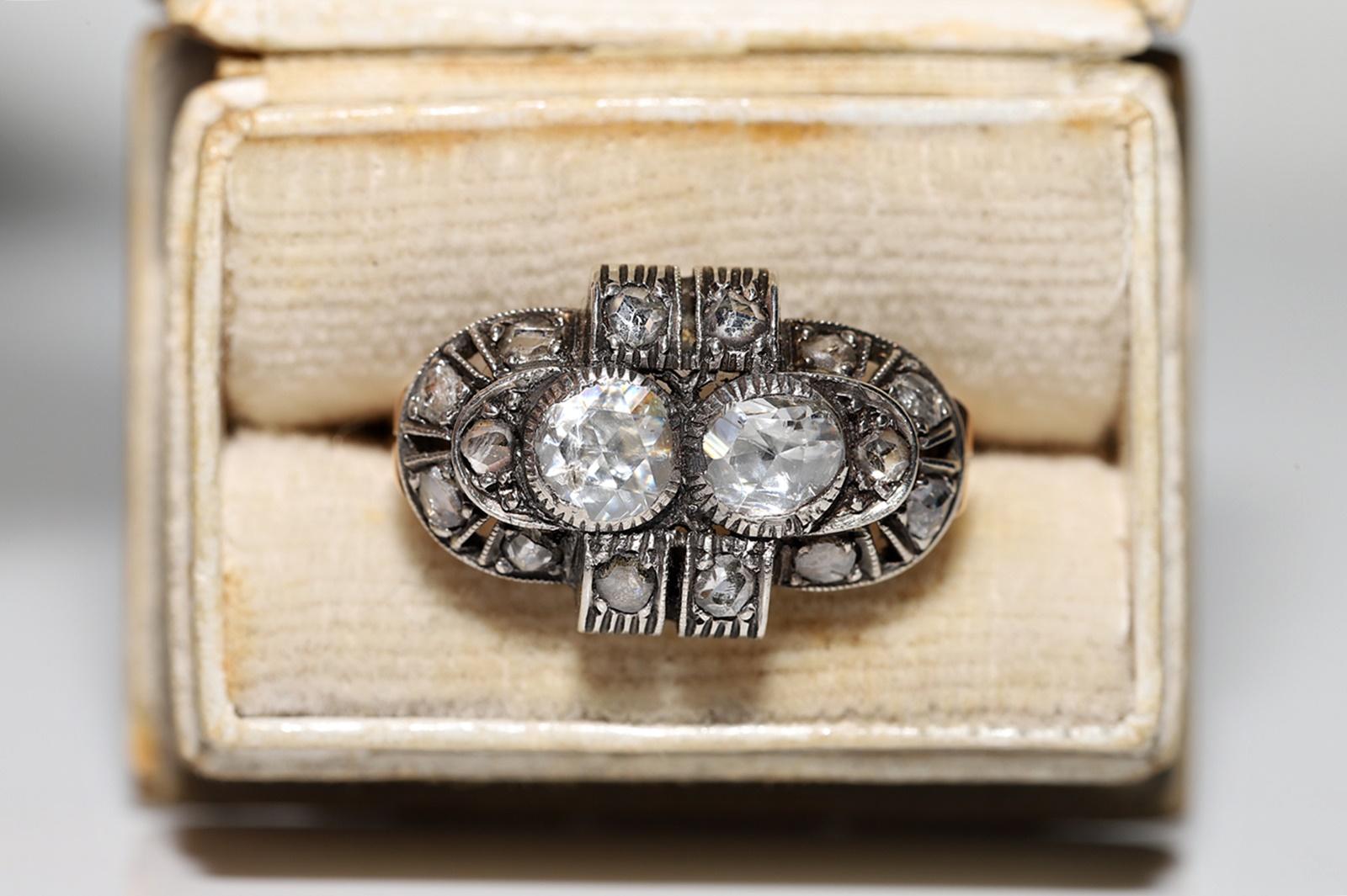 Women's Antique Circa 1900s 14k Gold Top Silver Natural Rose Cut Diamond Decorated Ring For Sale