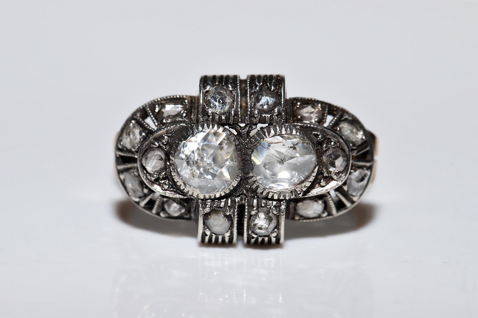 Antique Circa 1900s 14k Gold Top Silver Natural Rose Cut Diamond Decorated Ring For Sale 2