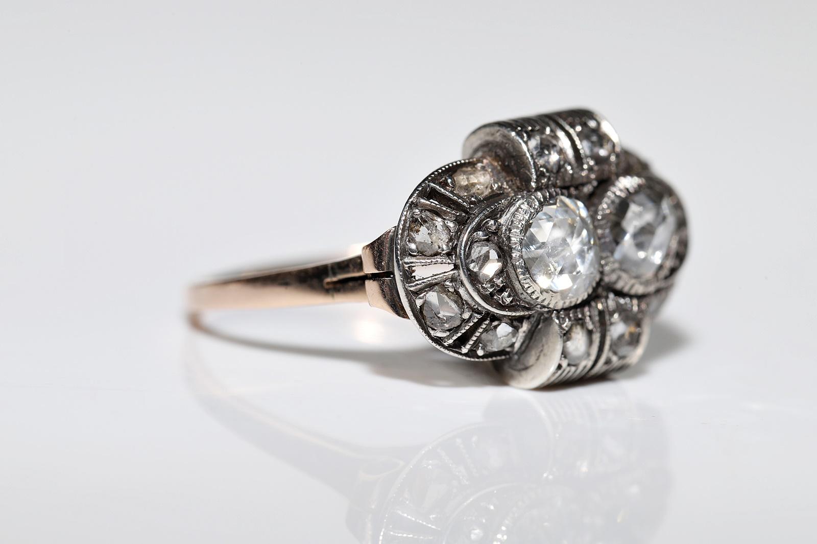 Antique Circa 1900s 14k Gold Top Silver Natural Rose Cut Diamond Decorated Ring For Sale 3