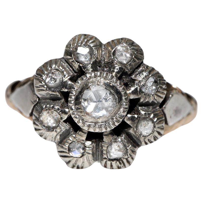 Antique Circa 1900s 14k Gold Top Silver Natural Rose Cut Diamond Decorated Ring For Sale