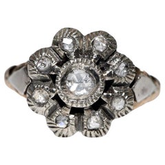 Bague ancienne datant des années 1900, or 14 carats, argent et diamants naturels taille rose décorés