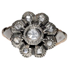 Antiker 14k Gold Top Silber Natürlicher Rosenschliff Diamant Dekorierter Ring, um 1900er Jahre