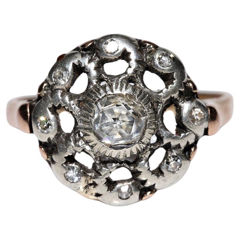 Antique Circa 1900s 14k Gold Top Silver Natural Rose Cut Diamond Decorated Ring For Sale