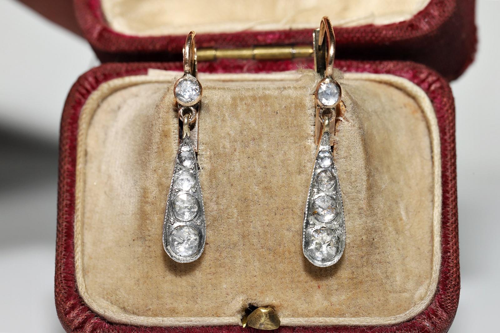 Victorian Antique Circa 1900s 14k Gold Top Silver Natural Rose Cut Diamond Drop Earring