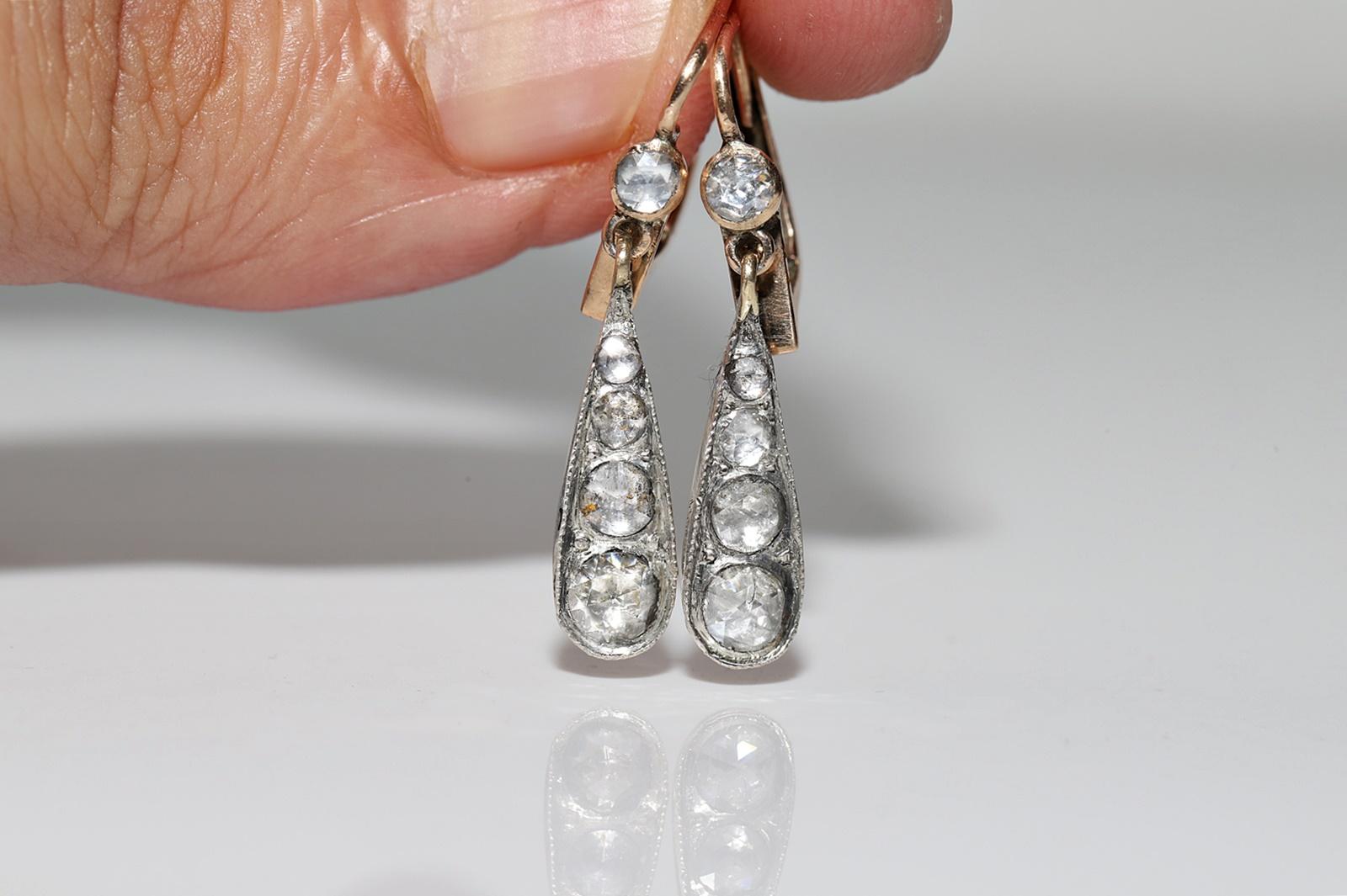 Women's Antique Circa 1900s 14k Gold Top Silver Natural Rose Cut Diamond Drop Earring