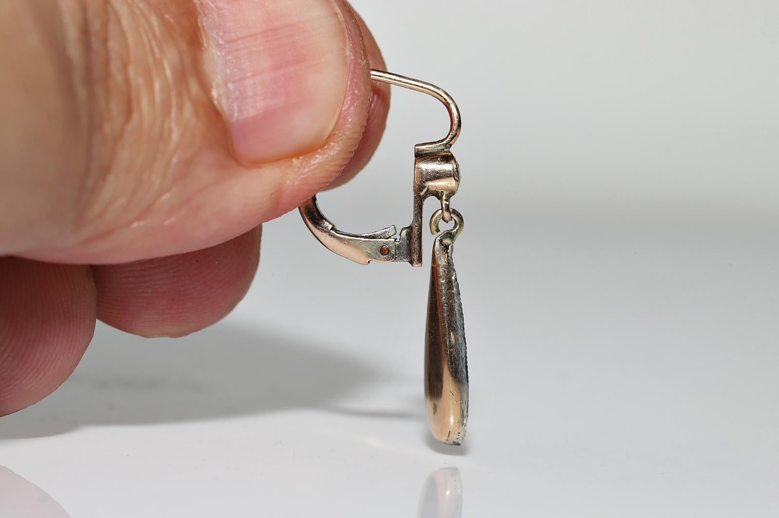 Antique Circa 1900s 14k Gold Top Silver Natural Rose Cut Diamond Drop Earring 1