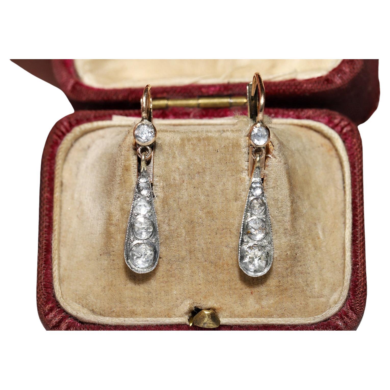 Antique Circa 1900s 14k Gold Top Silver Natural Rose Cut Diamond Drop Earring