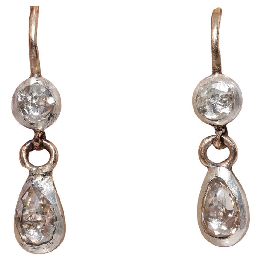 Antiquités Circa 1900s 14k Gold Top Silver Natural Rose Cut Diamond Drop Earring