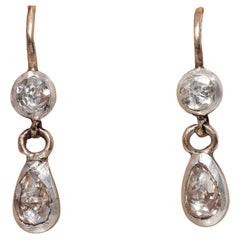 Antique Circa 1900s 14k Gold Top Silver Natural Rose Cut Diamond Drop Earring
