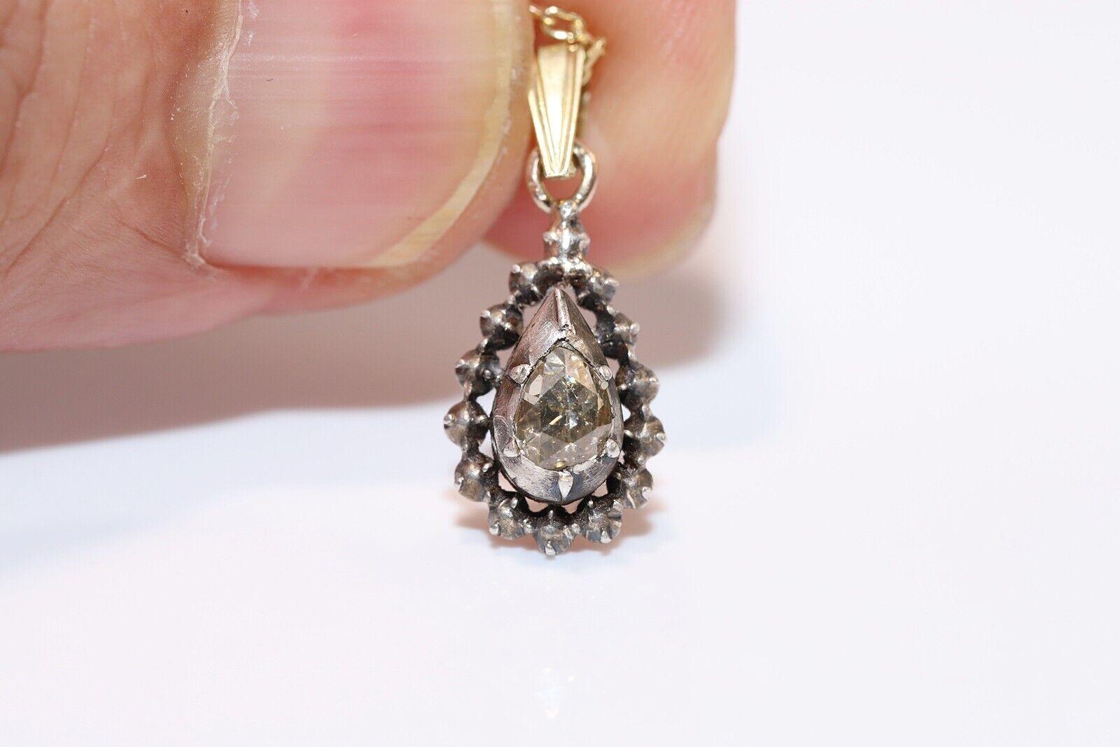 Antique Circa 1900s 14k Gold Top Silver Natural Rose Cut Diamond Drop Necklace For Sale 5