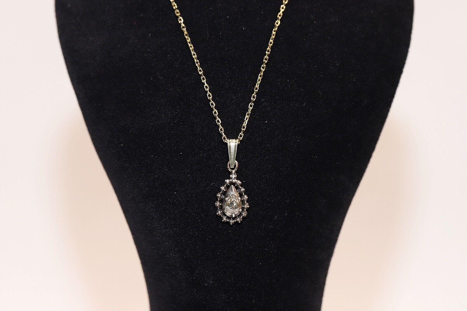Antique Circa 1900s 14k Gold Top Silver Natural Rose Cut Diamond Drop Necklace For Sale 6