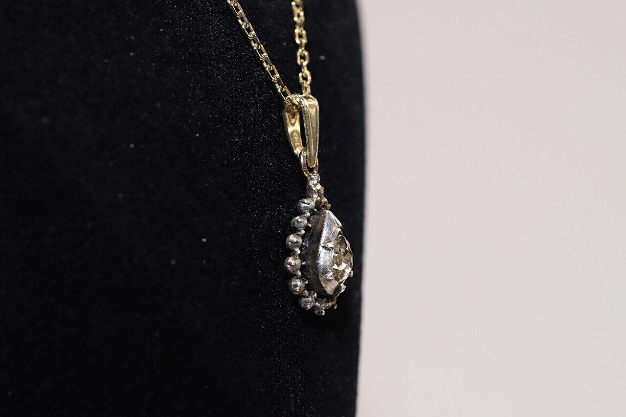 Antique Circa 1900s 14k Gold Top Silver Natural Rose Cut Diamond Drop Necklace In Good Condition For Sale In Fatih/İstanbul, 34