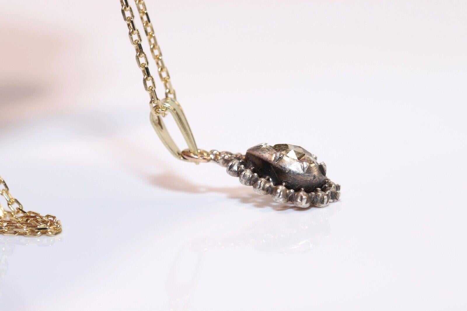 Women's Antique Circa 1900s 14k Gold Top Silver Natural Rose Cut Diamond Drop Necklace For Sale