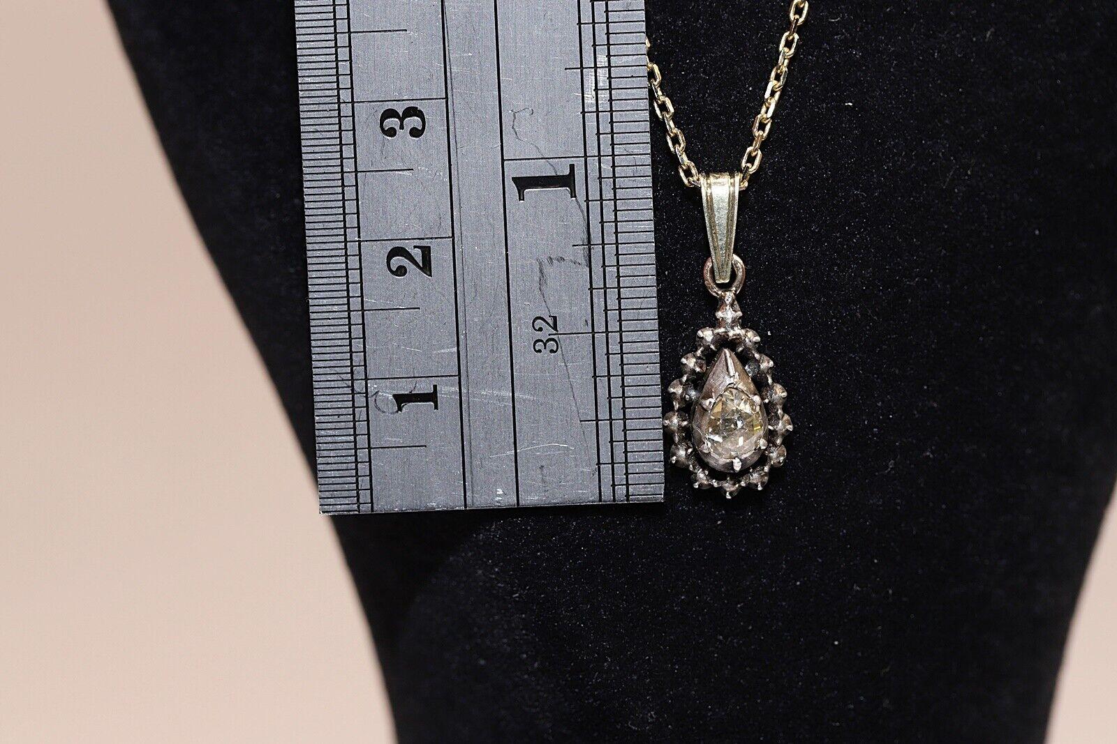 Antique Circa 1900s 14k Gold Top Silver Natural Rose Cut Diamond Drop Necklace For Sale 1