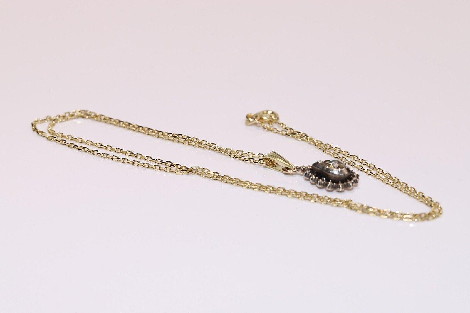 Antique Circa 1900s 14k Gold Top Silver Natural Rose Cut Diamond Drop Necklace For Sale 2