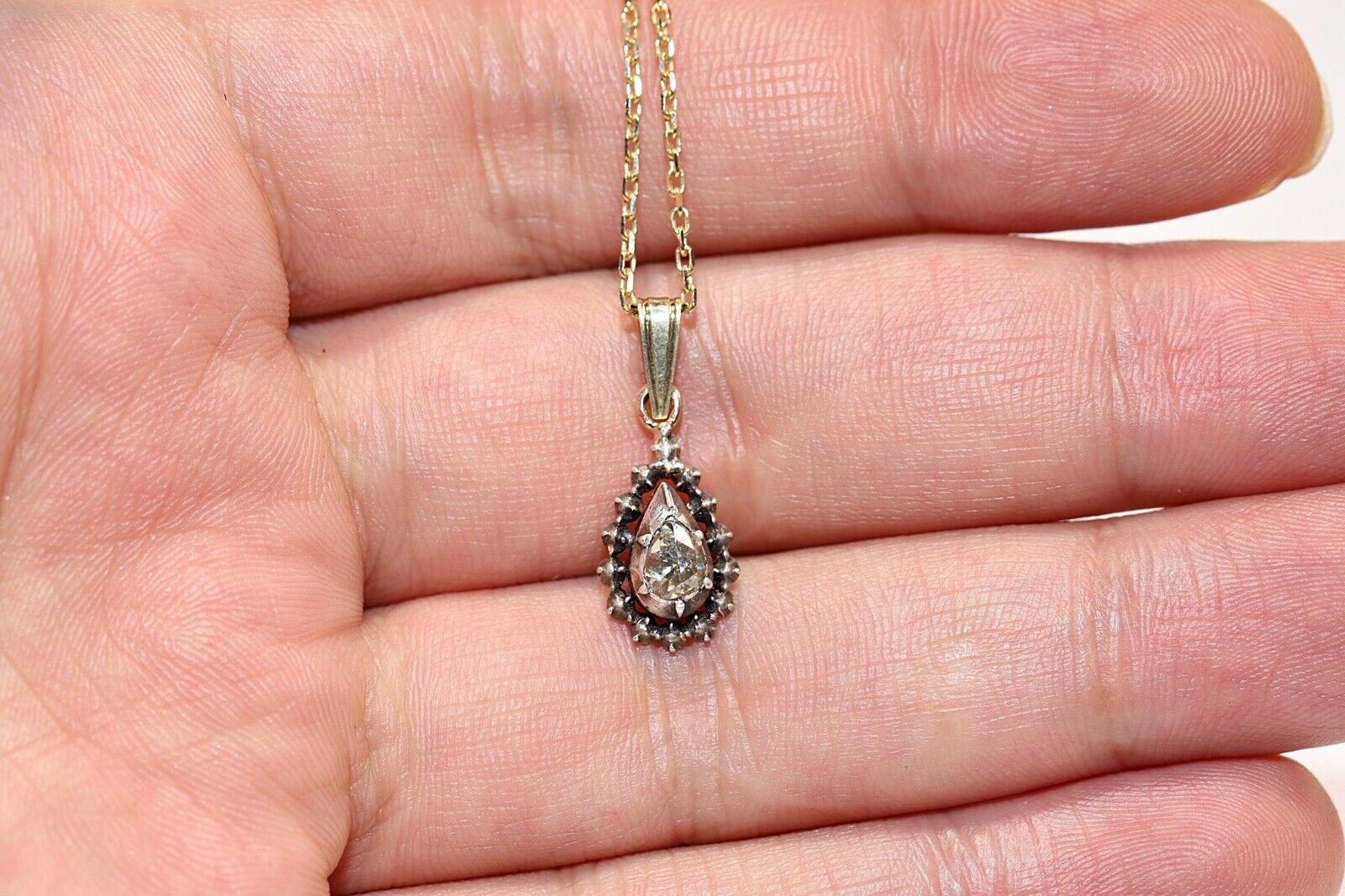 Antique Circa 1900s 14k Gold Top Silver Natural Rose Cut Diamond Drop Necklace For Sale 3
