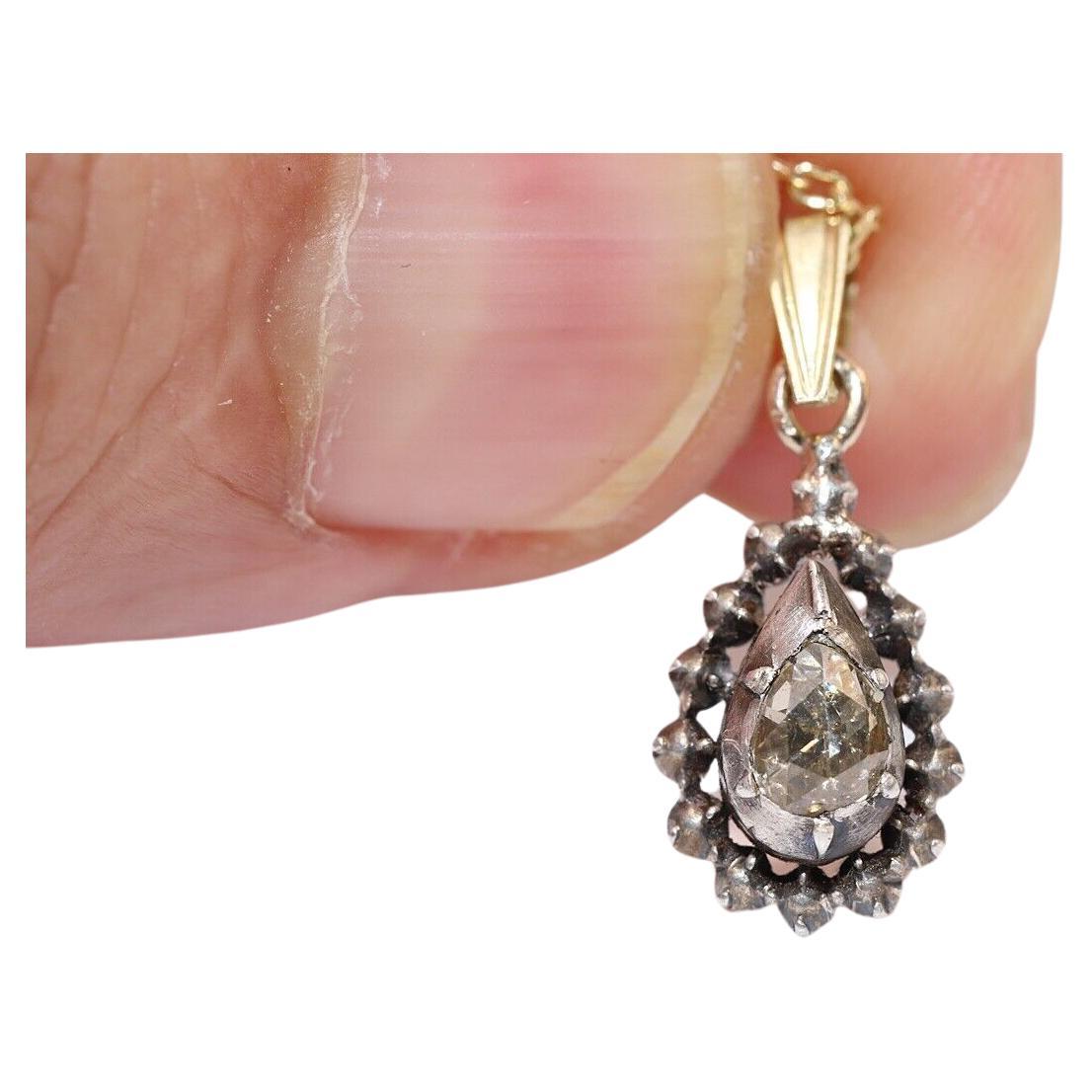 Antique Circa 1900s 14k Gold Top Silver Natural Rose Cut Diamond Drop Necklace For Sale