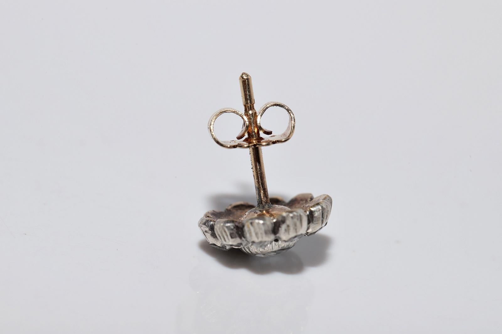 Antiker Ohrring, um 1900er Jahre, 14k Gold Top Silber natürlicher Diamant im Rosenschliff im Angebot 6