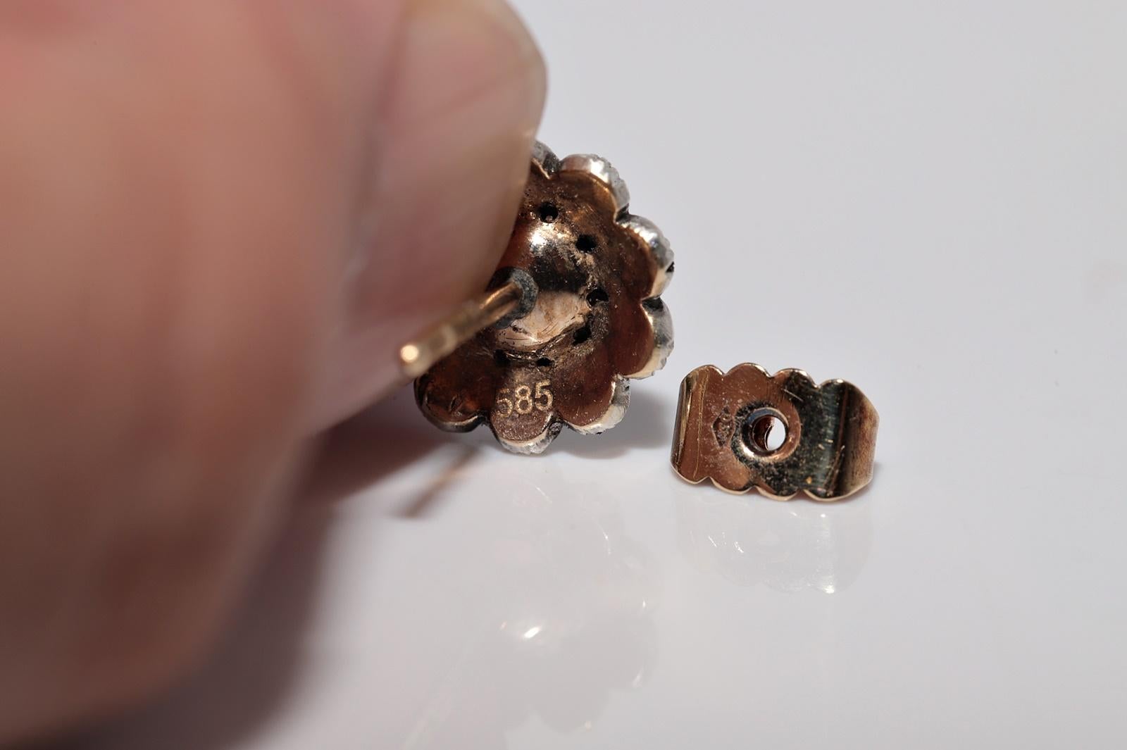 Antiker Ohrring, um 1900er Jahre, 14k Gold Top Silber natürlicher Diamant im Rosenschliff im Angebot 7