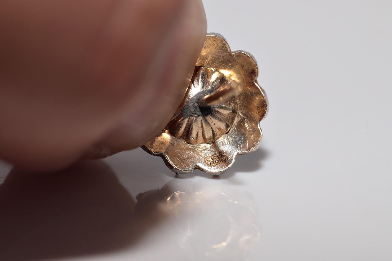 Antiker Ohrring, um 1900er Jahre, 14k Gold Top Silber natürlicher Diamant im Rosenschliff im Angebot 7