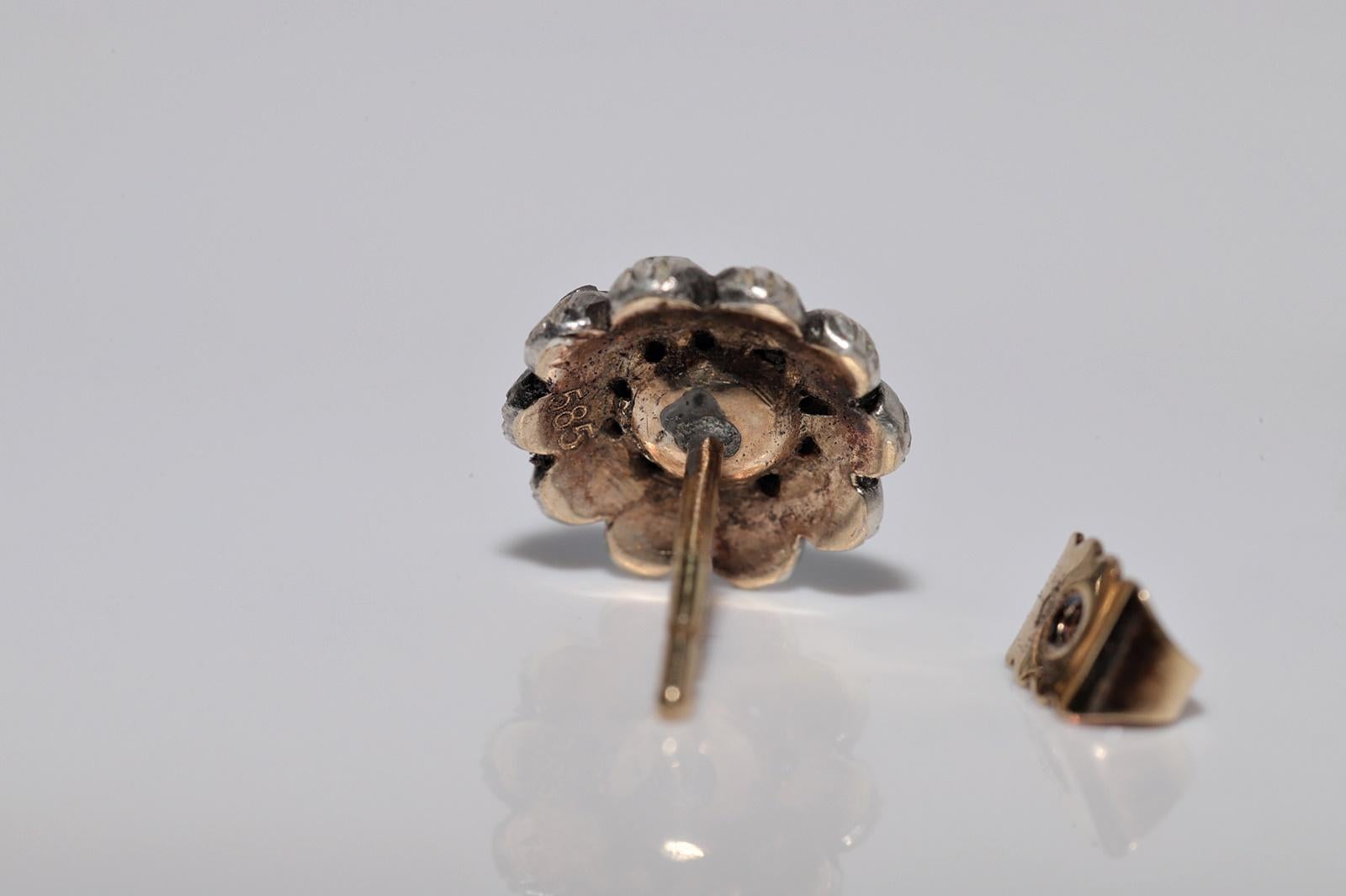 Antiker Ohrring, um 1900er Jahre, 14k Gold Top Silber natürlicher Diamant im Rosenschliff im Angebot 8