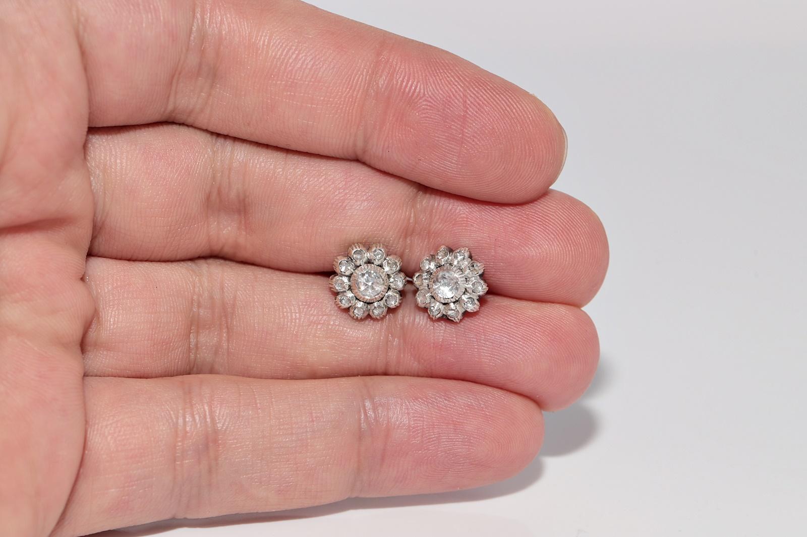 Antiker Ohrring, um 1900er Jahre, 14k Gold Top Silber natürlicher Diamant im Rosenschliff im Angebot 9