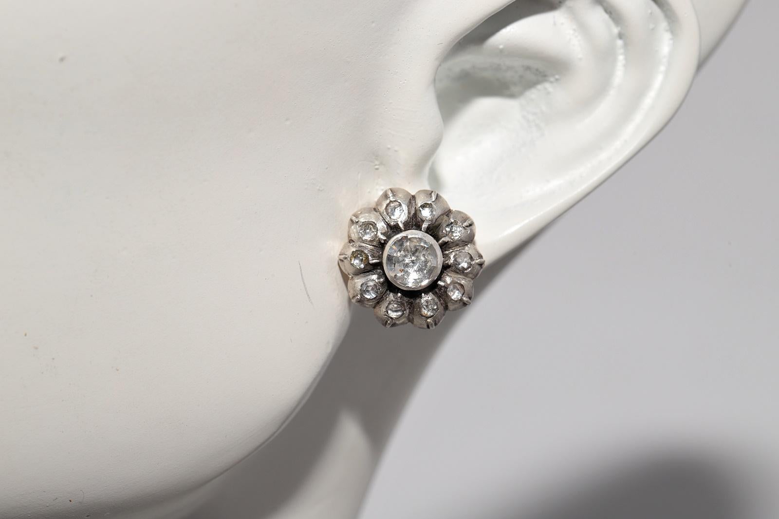 Antiker Ohrring, um 1900er Jahre, 14k Gold Top Silber natürlicher Diamant im Rosenschliff im Angebot 9