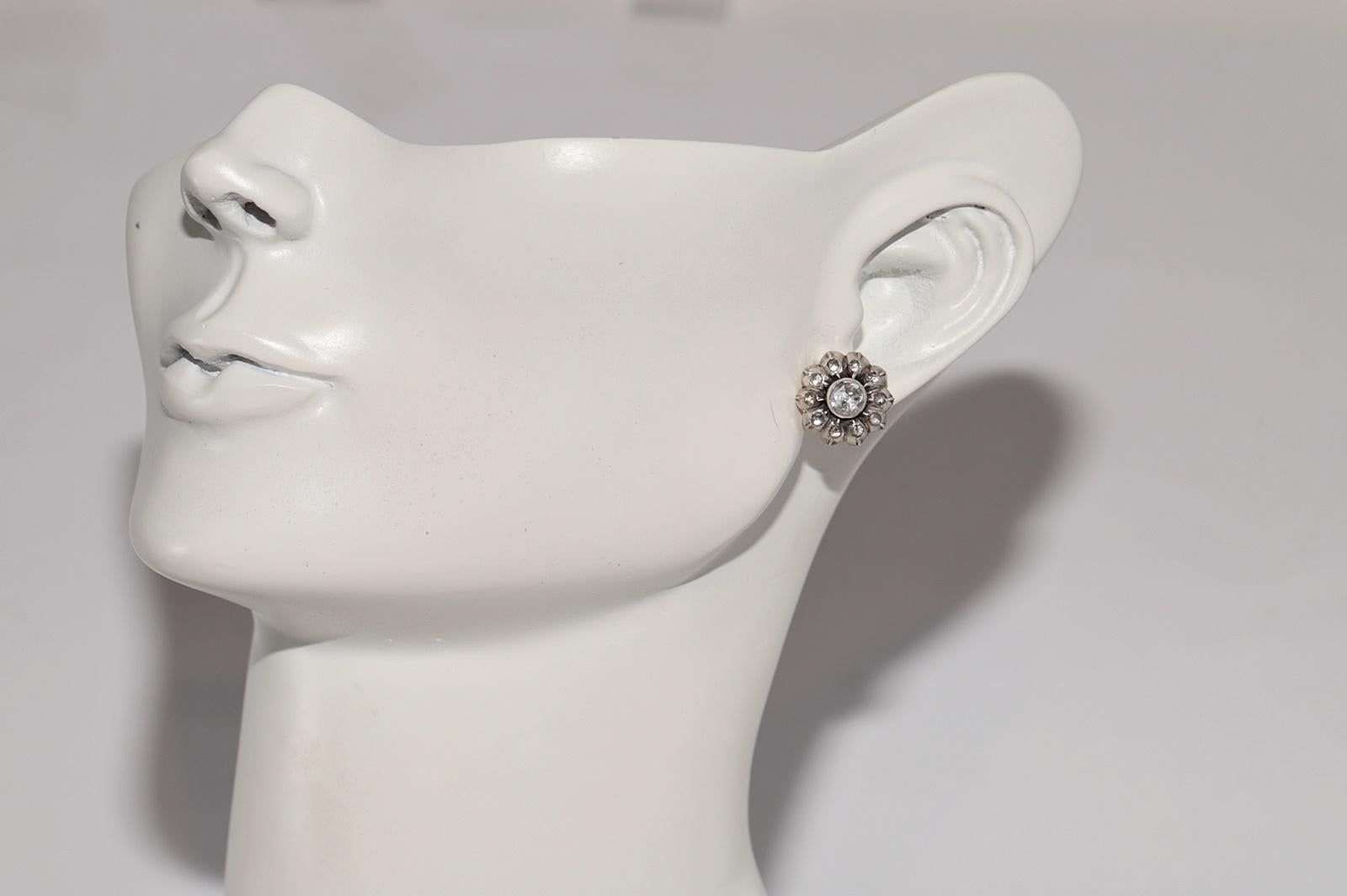 Antiker Ohrring, um 1900er Jahre, 14k Gold Top Silber natürlicher Diamant im Rosenschliff im Angebot 10