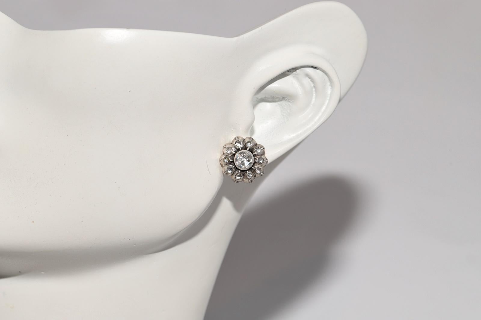 Antiker Ohrring, um 1900er Jahre, 14k Gold Top Silber natürlicher Diamant im Rosenschliff im Angebot 11