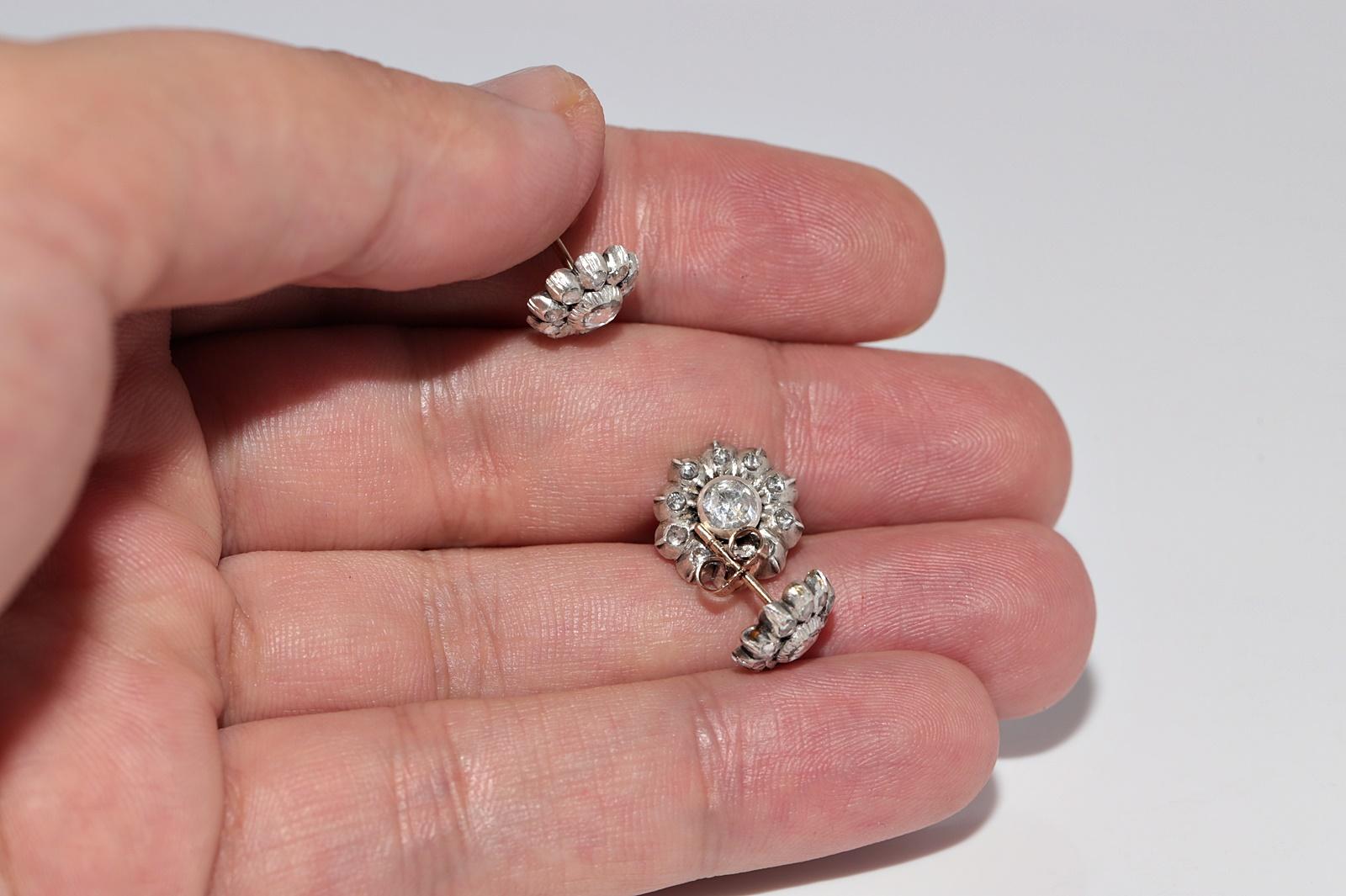 Antiker Ohrring, um 1900er Jahre, 14k Gold Top Silber natürlicher Diamant im Rosenschliff im Angebot 12