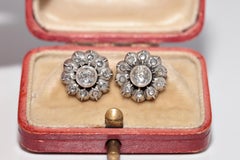 Antiker Ohrring, um 1900er Jahre, 14k Gold Top Silber natürlicher Diamant im Rosenschliff