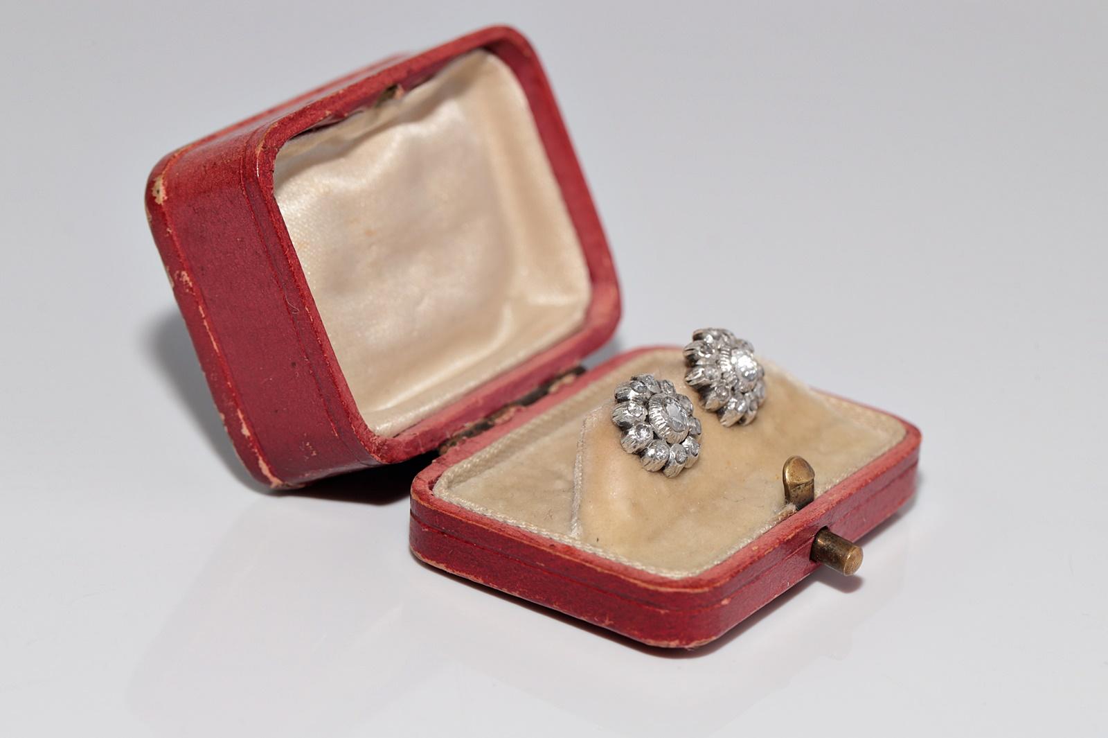 Antiker Ohrring, um 1900er Jahre, 14k Gold Top Silber natürlicher Diamant im Rosenschliff (Viktorianisch) im Angebot