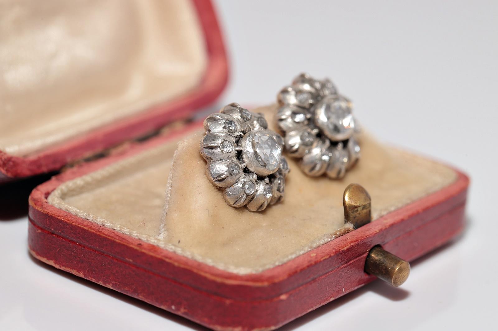 Antiker Ohrring, um 1900er Jahre, 14k Gold Top Silber natürlicher Diamant im Rosenschliff (Viktorianisch) im Angebot