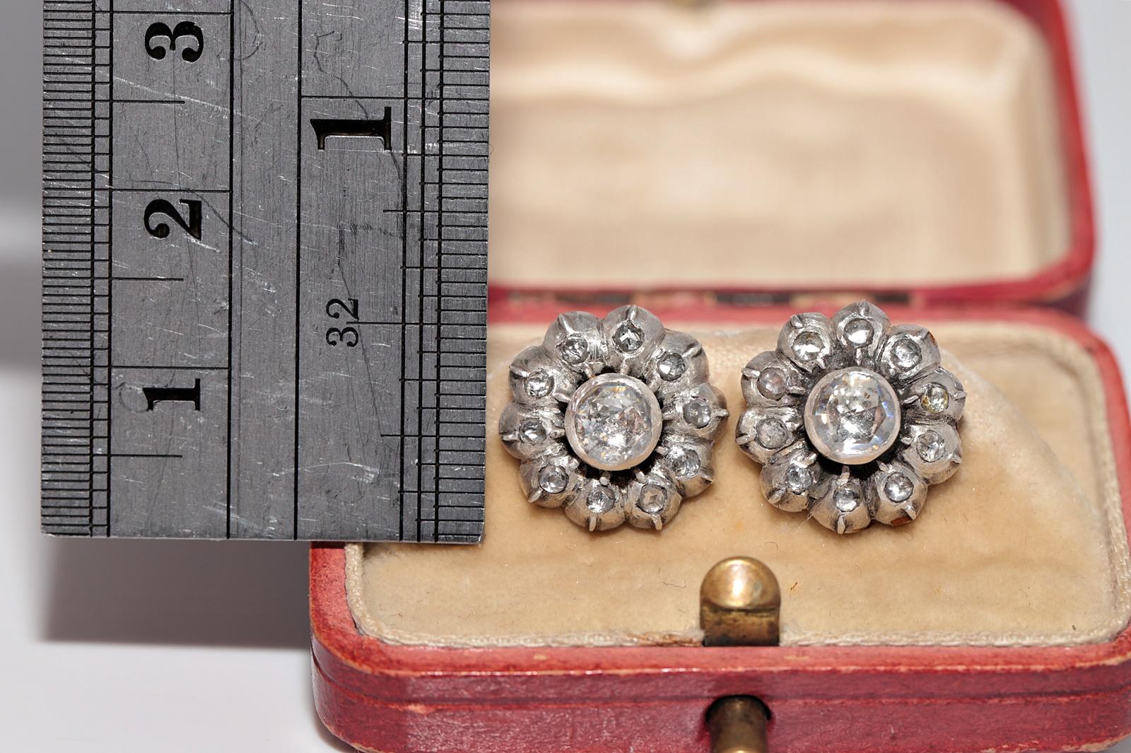 Pendiente Antiguo Circa 1900s Oro 14k Plata Superior Diamante talla rosa natural Corte rosa en venta