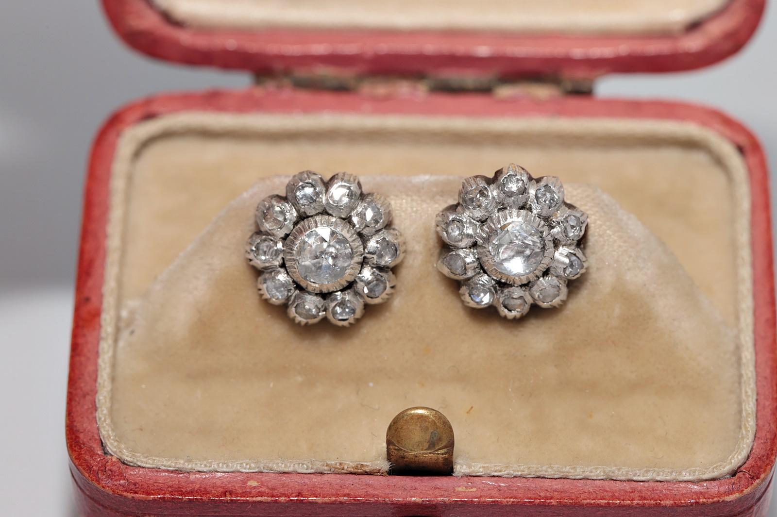 Antiker Ohrring, um 1900er Jahre, 14k Gold Top Silber natürlicher Diamant im Rosenschliff im Zustand „Gut“ im Angebot in Fatih/İstanbul, 34
