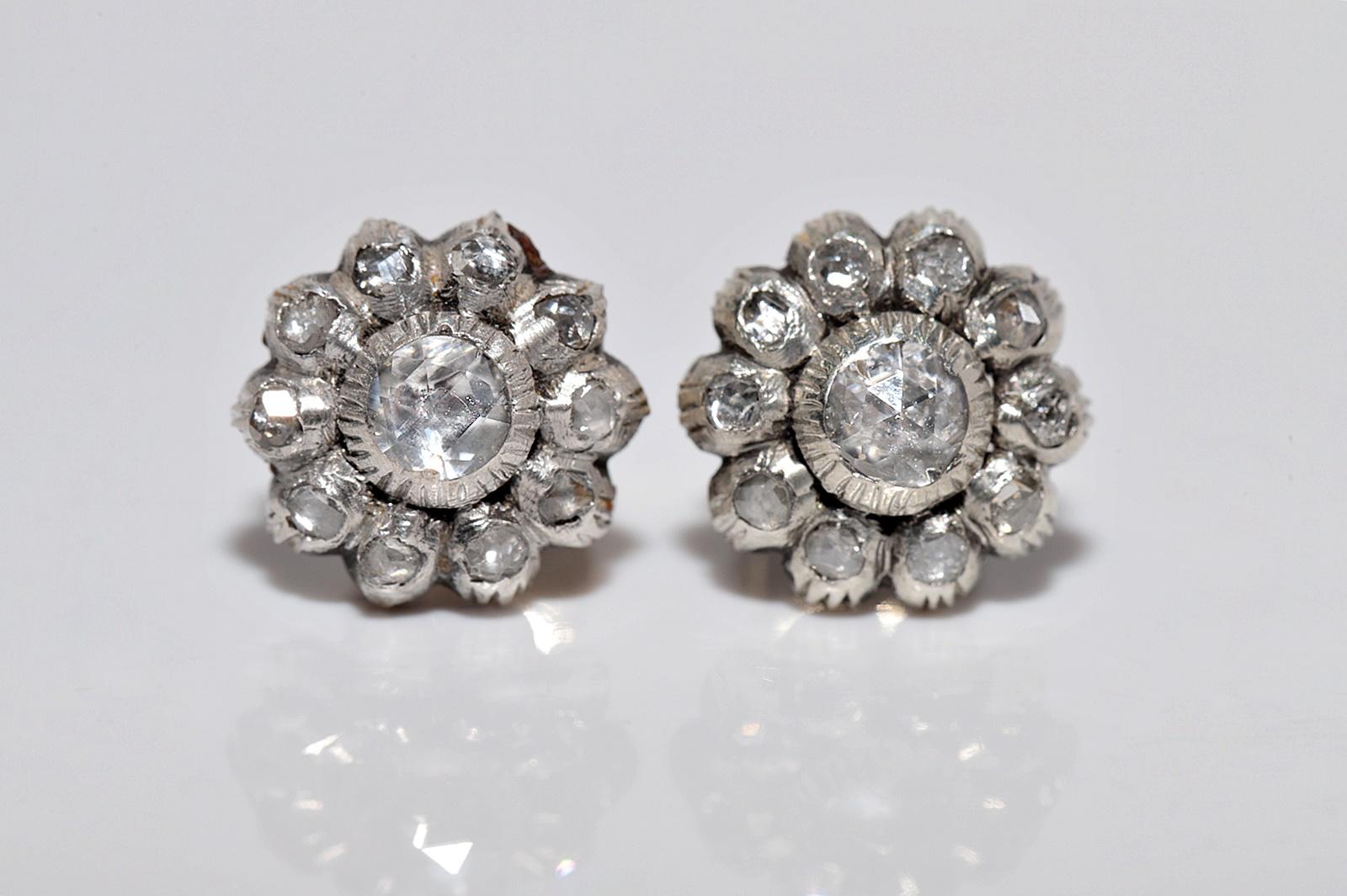 Antiker Ohrring, um 1900er Jahre, 14k Gold Top Silber natürlicher Diamant im Rosenschliff Damen im Angebot