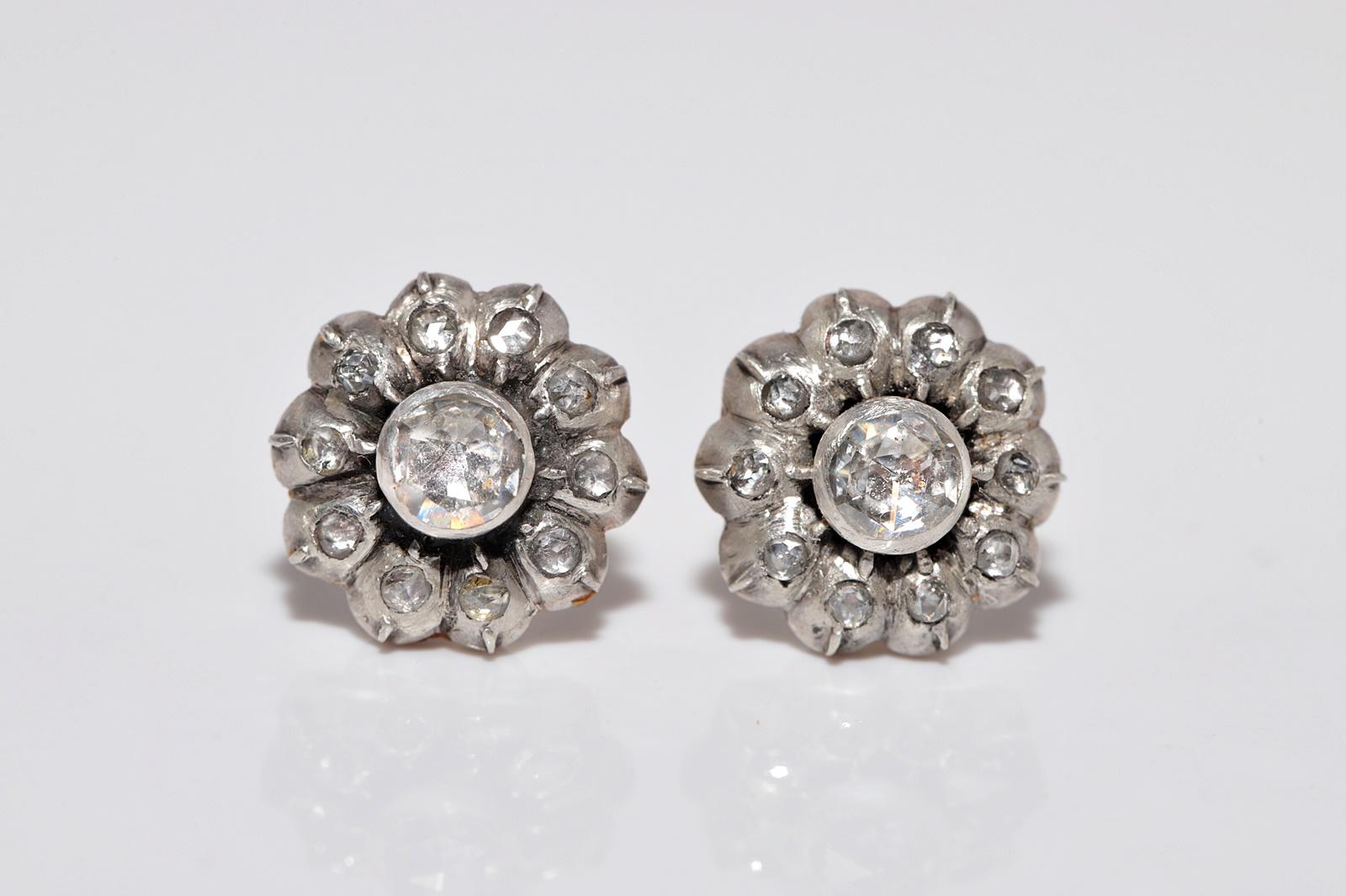 Antiker Ohrring, um 1900er Jahre, 14k Gold Top Silber natürlicher Diamant im Rosenschliff Damen im Angebot