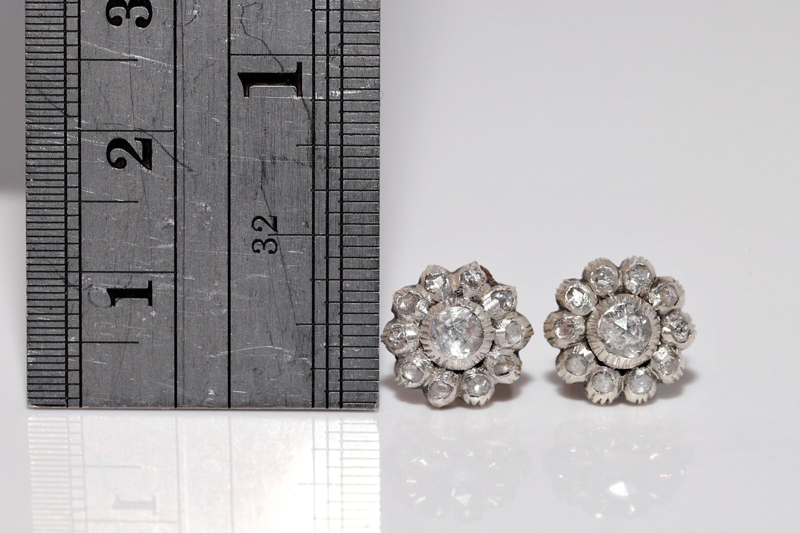 Antiker Ohrring, um 1900er Jahre, 14k Gold Top Silber natürlicher Diamant im Rosenschliff im Angebot 1