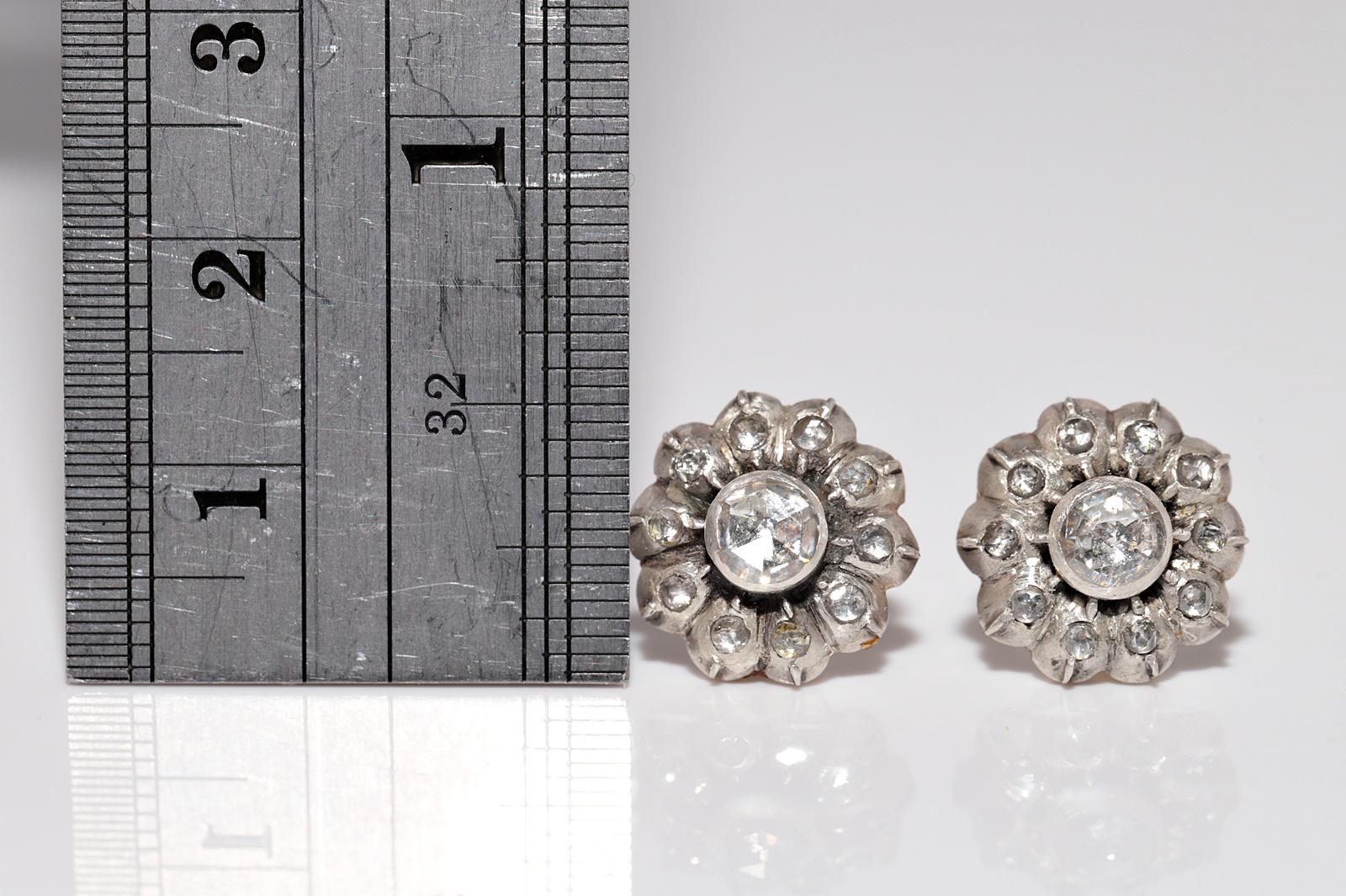 Antiker Ohrring, um 1900er Jahre, 14k Gold Top Silber natürlicher Diamant im Rosenschliff im Angebot 1